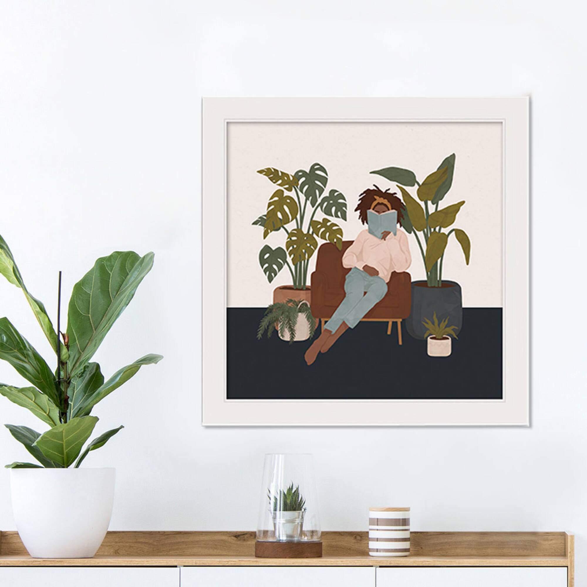 Reading Woman 16" x 16" White Framed Print Under Plexiglass